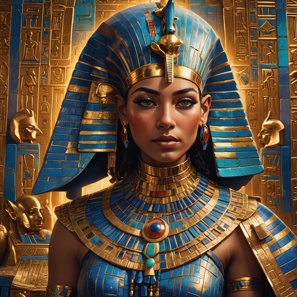 Egyptian Priestess Beside Tutankhamun in Opulent Temple