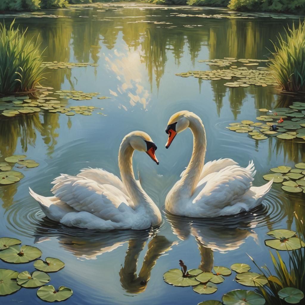 Swans in Love: Heart-Shaped Oil Painting