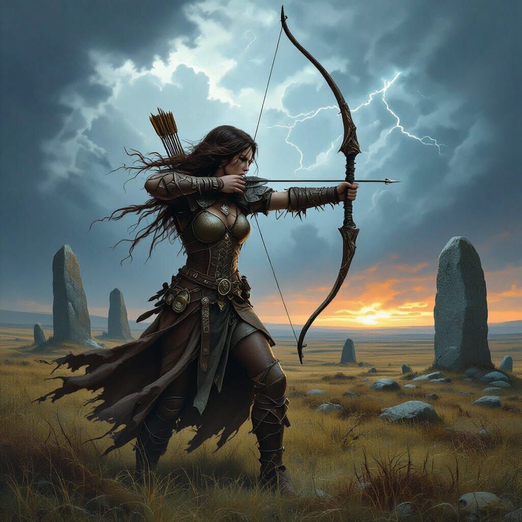 Spectral Huntress on Windswept Moor in Dark Fantasy Style