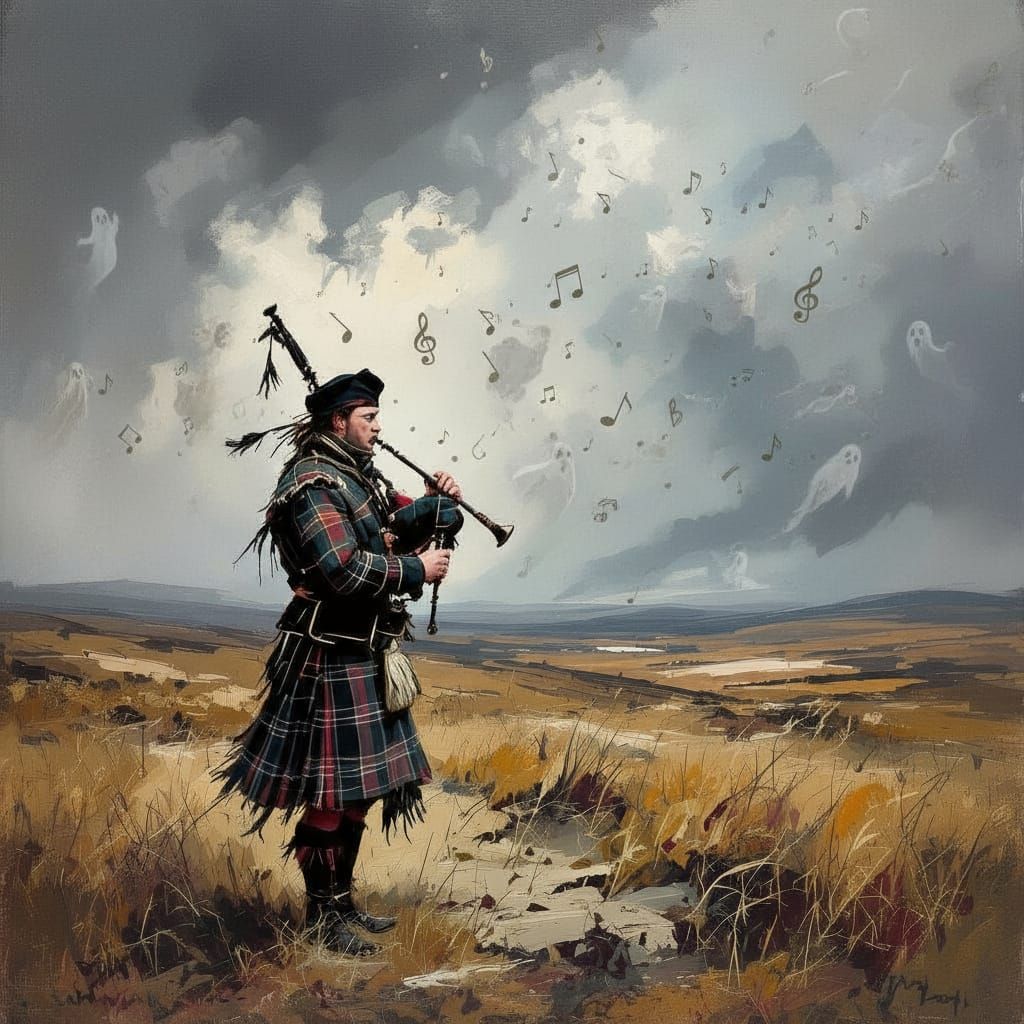Bagpiper on Windswept Moor in Stormy Sky
