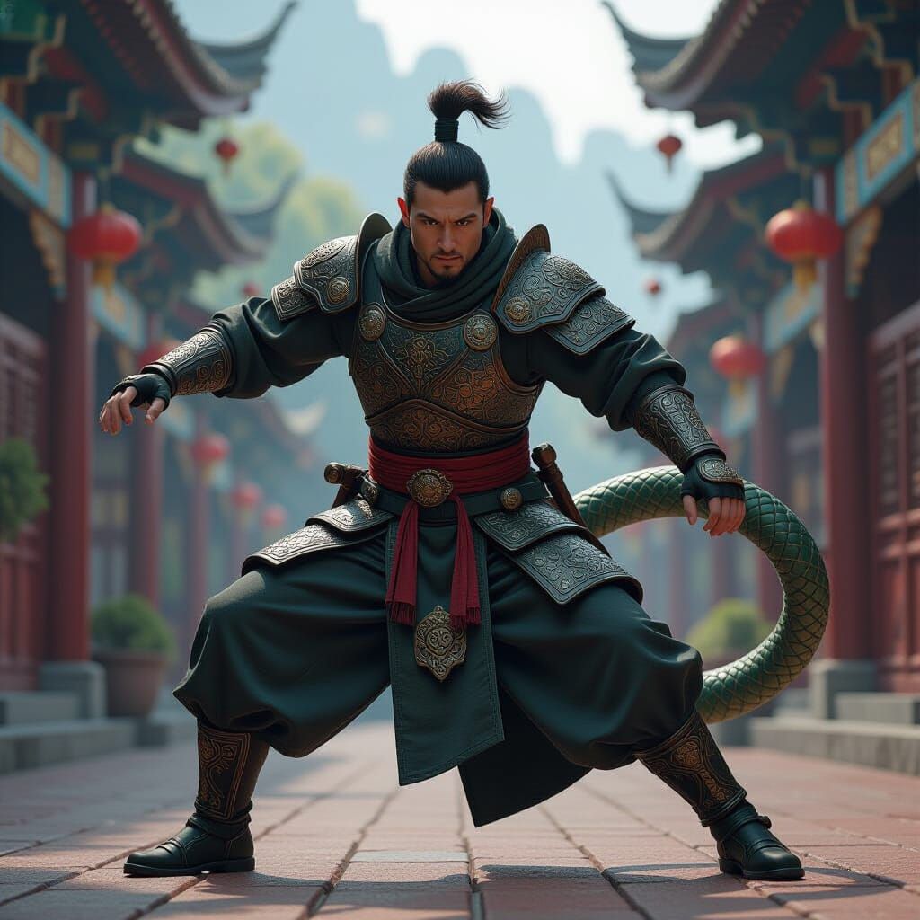 Monk in Serpent Armor in Attack Pose, Fantasy Concept Art