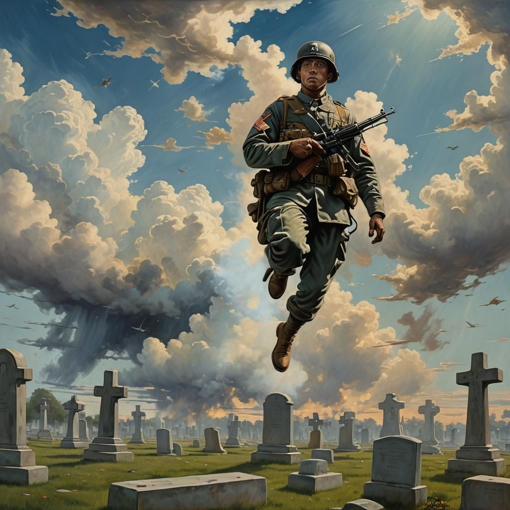 Ethereal Soldier Ascends Over Graveyard: Rockwell-Inspired A...