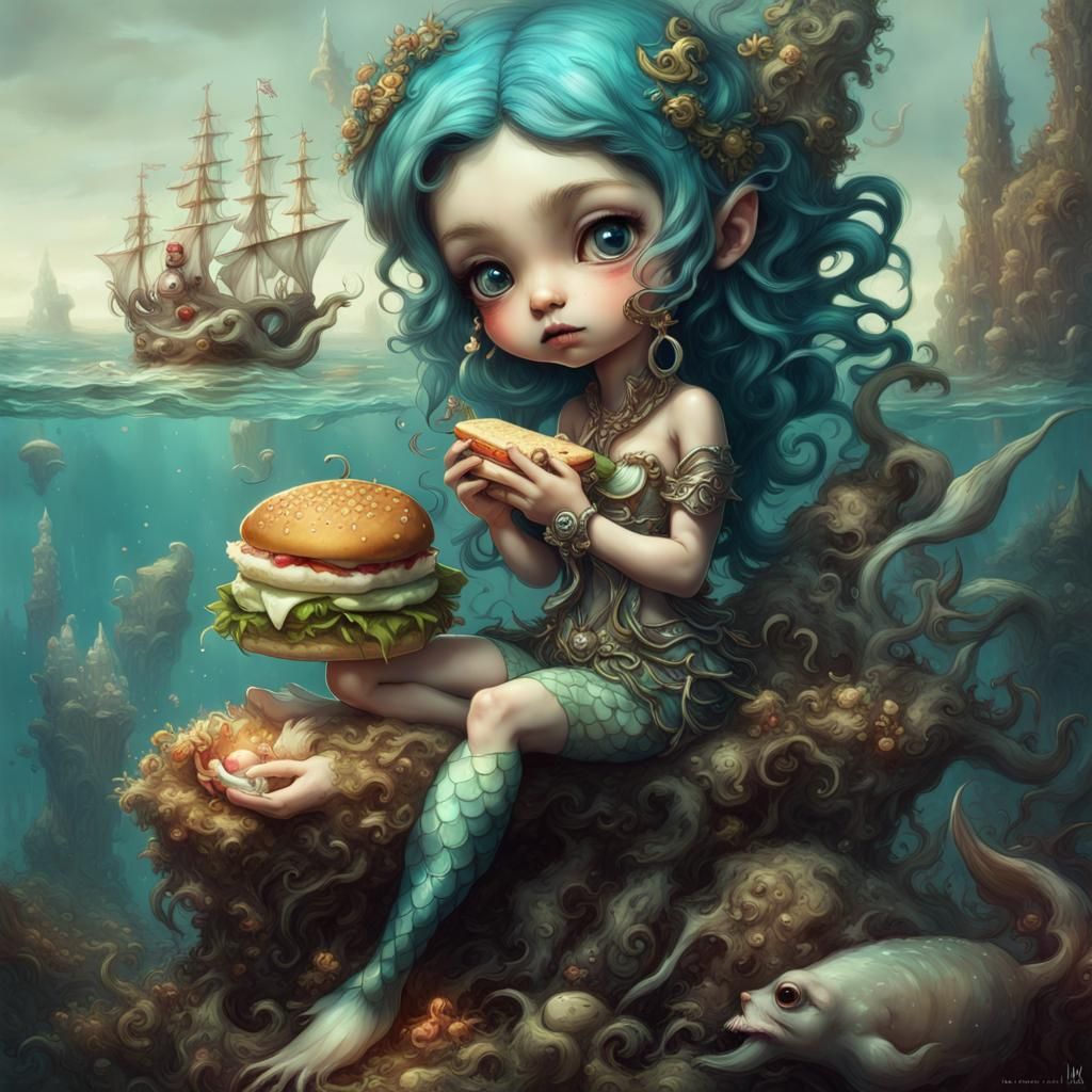 anthropomorphic chibi mermaid with a squid eating a sandwich.