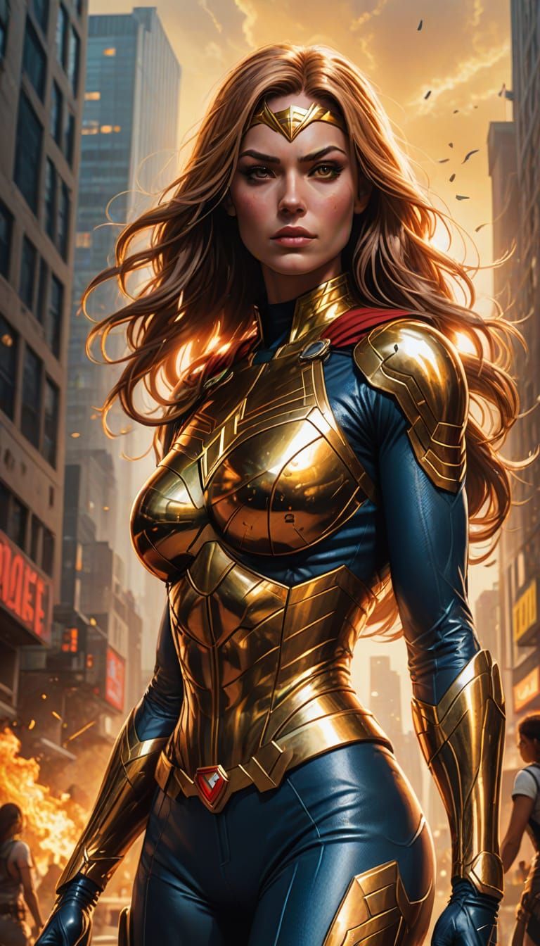 Hyper-Realistic Superheroine in Golden Hour, with Mystical C...