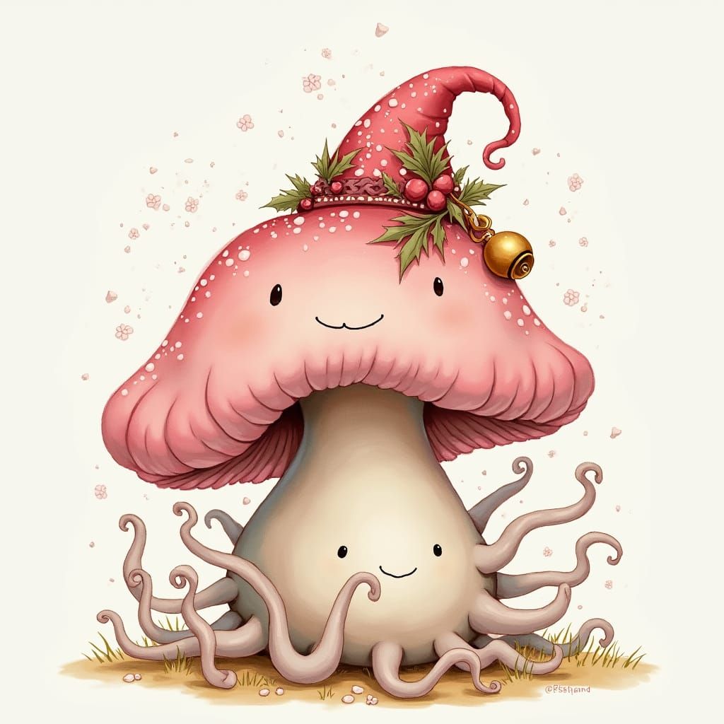 Pastel Pink Mushroom Flumph in Christmas Hat