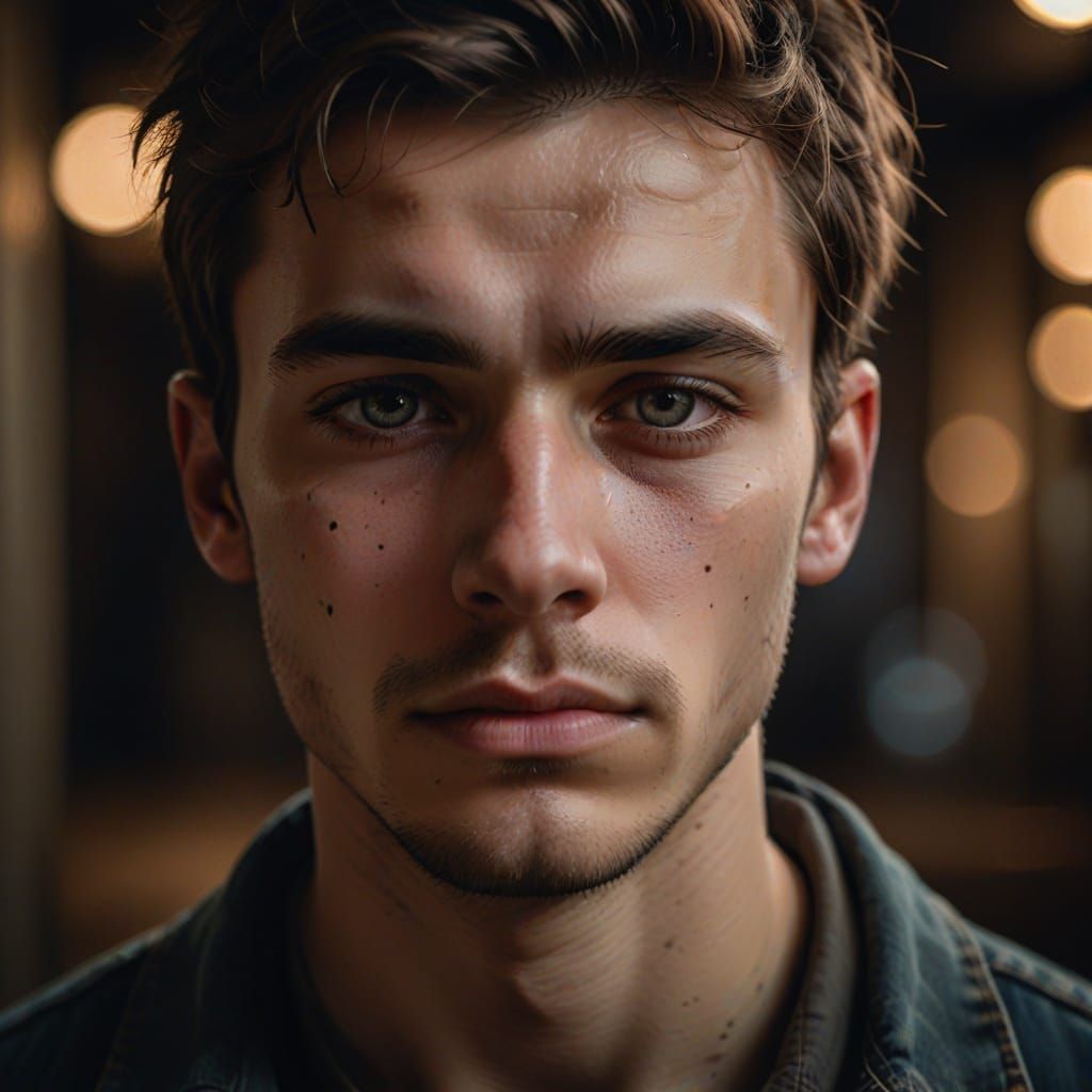 Hyper-Realistic Portrait of a Young Man with a Somber Expres...