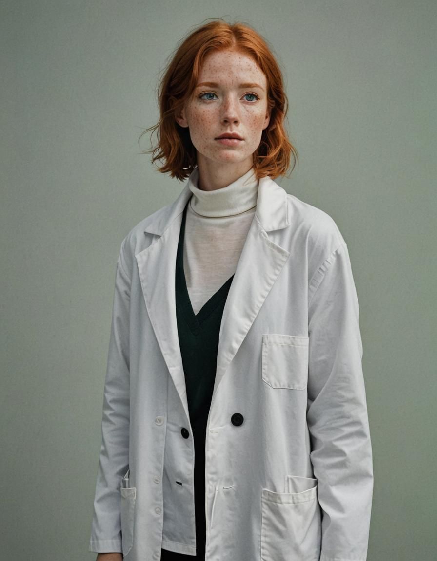 Ginger-Haired Woman with Freckles in Lab Coat
