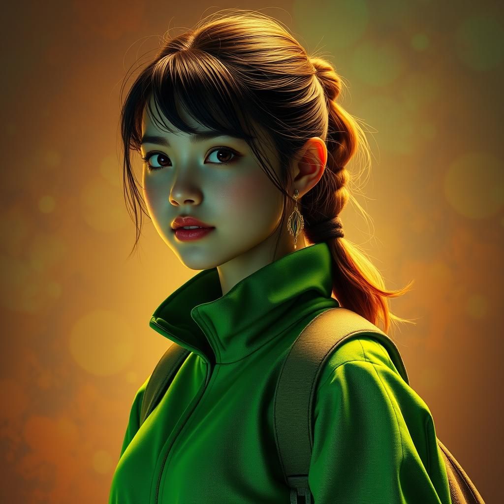 Green Outfit with Dramatic Lighting, Hyperrealistic Style