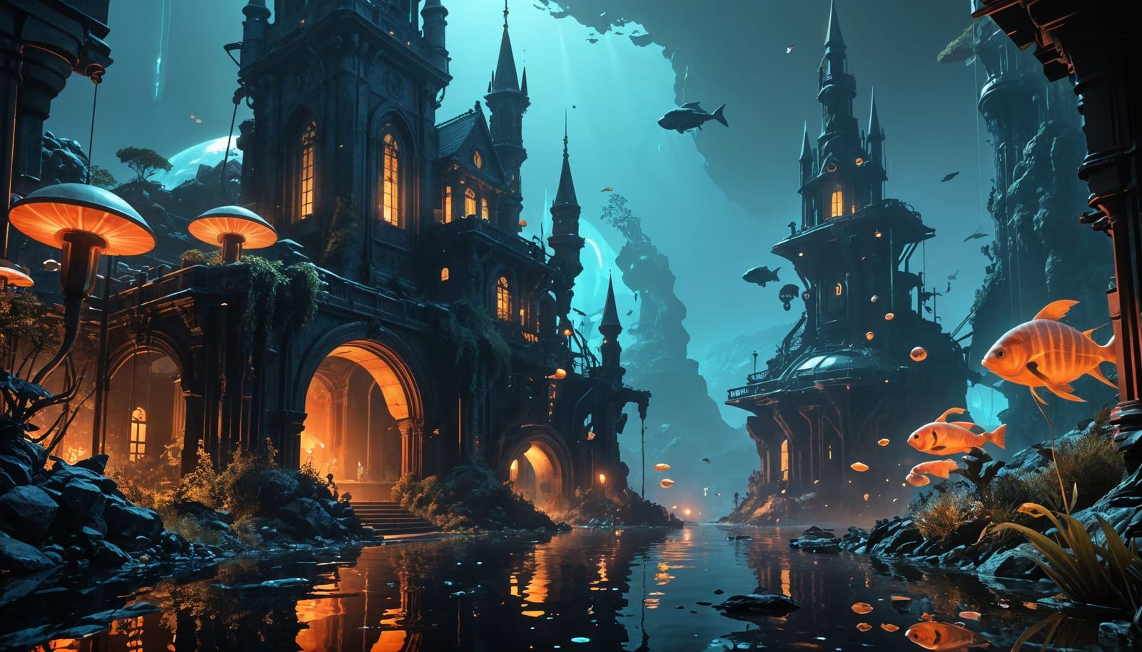 Bioluminescent Clockwork City Beneath the Sea