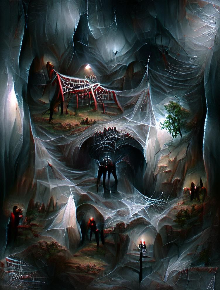 Sinister Giant Spider Web in Dark Cave