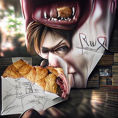 Duke from Resident Evil Eating Croissant, Hyperrealistic Art