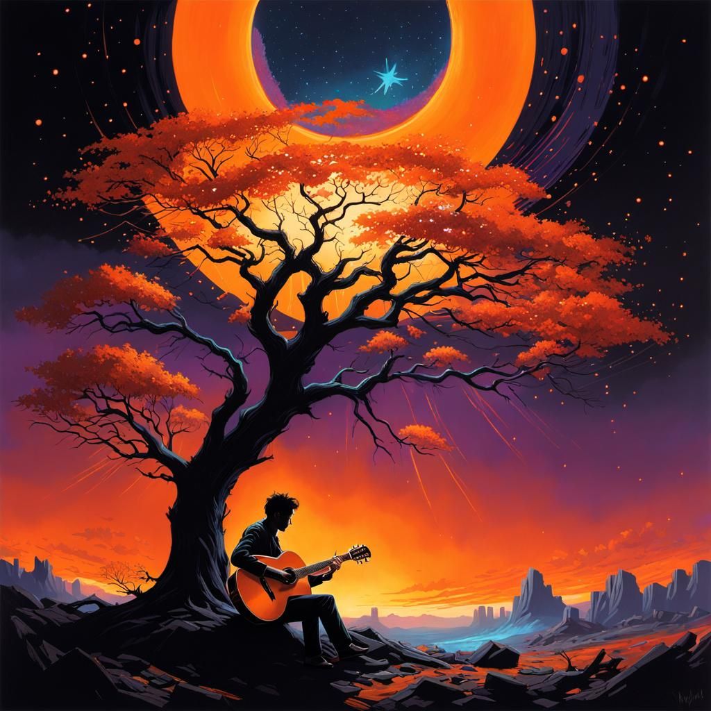 Neon Portal Guitarist in Hyperrealistic Illustration