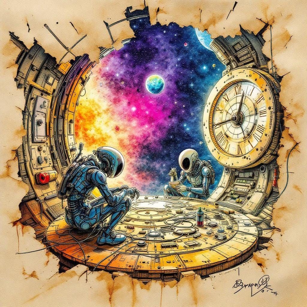 Aliens Repairing Spaceship Wires: Ink Drawing