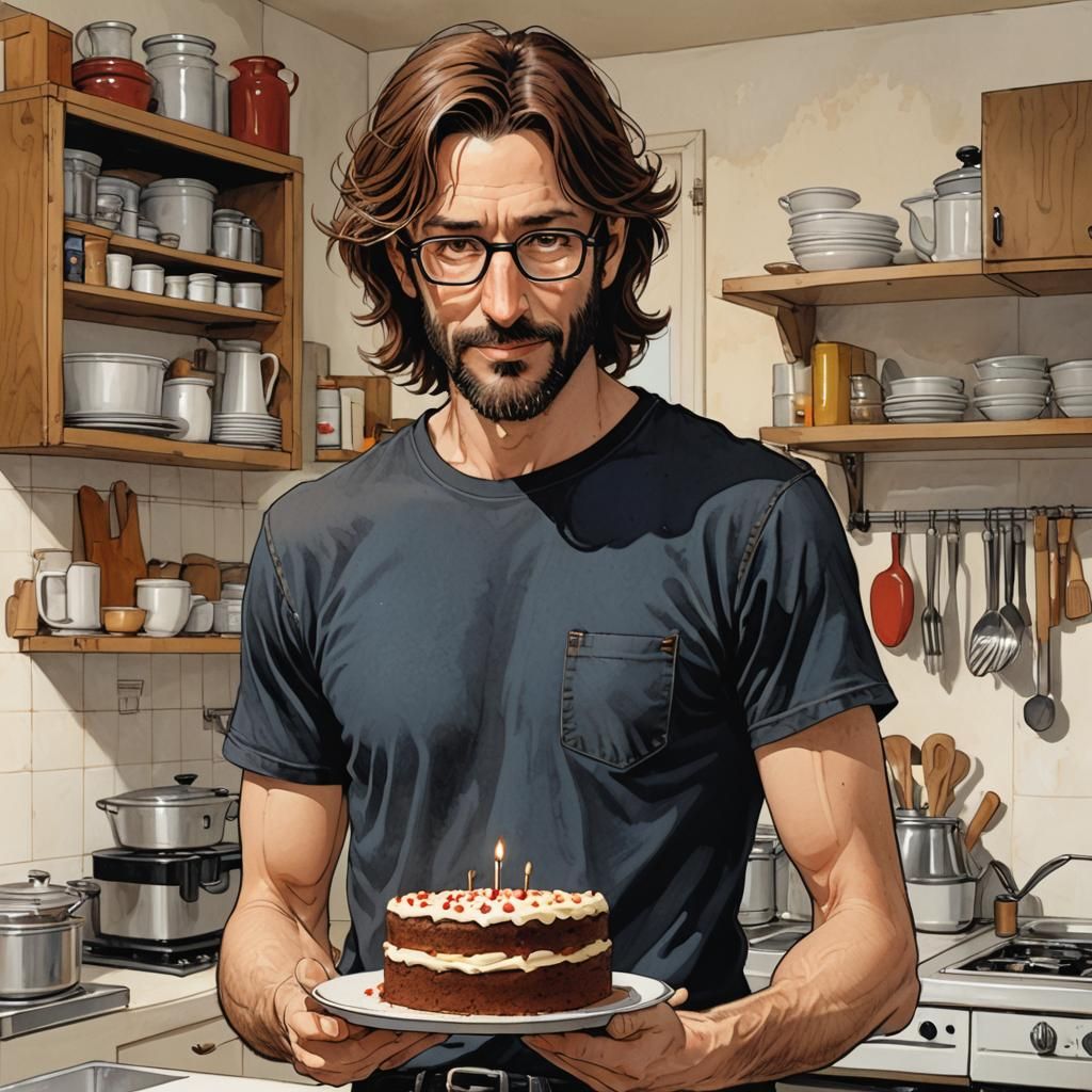 Happy Man Presents Cake in Comic Style