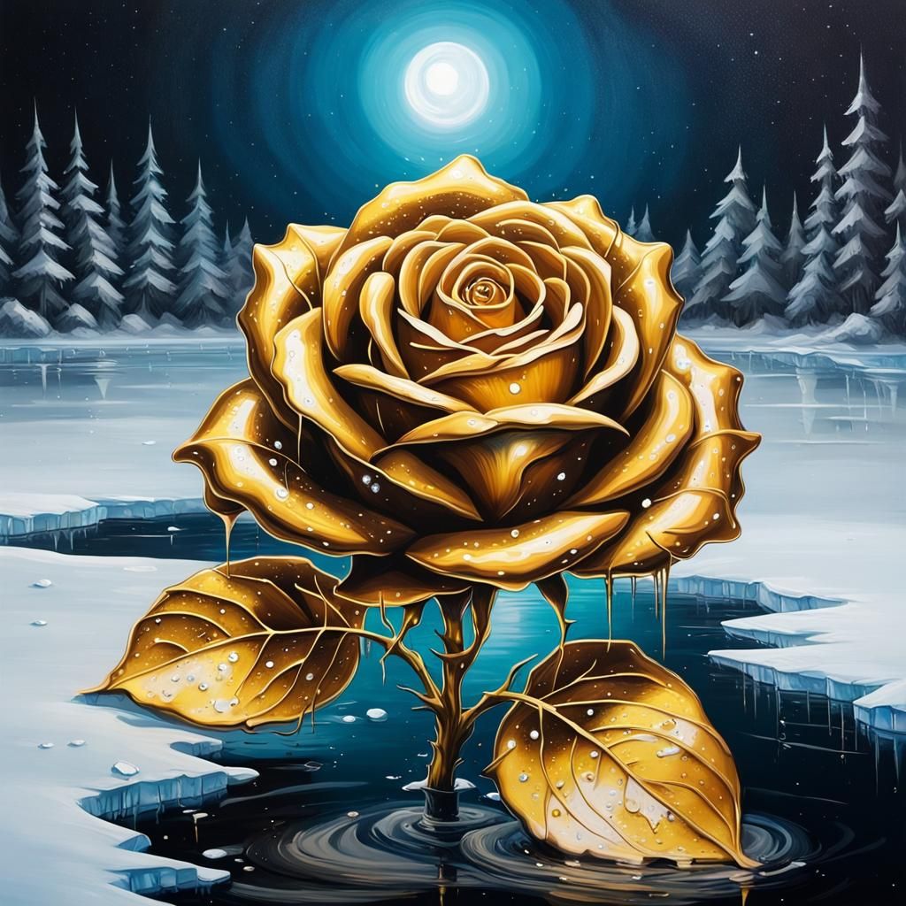 Gold Rose with Crystal Shimmers on a Frozen lake in moonlight