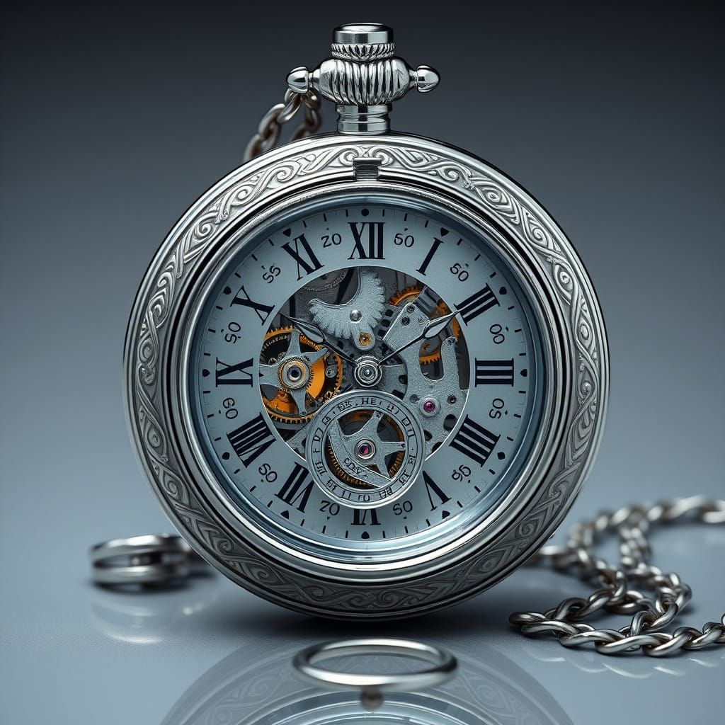 Luxurious Chrome Pocket Watch with Intricate Gears and Filig...