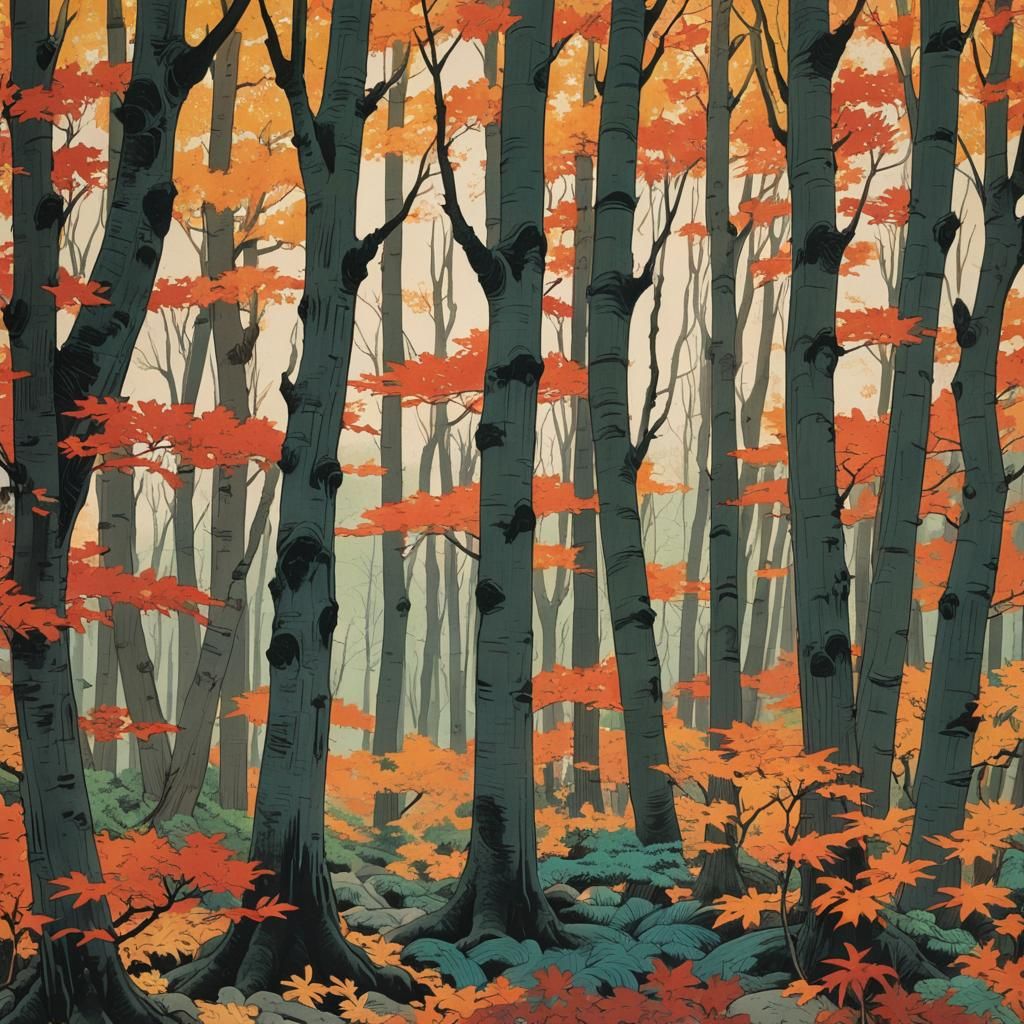 Autumn Trees in Forest, Ukiyo-e Style