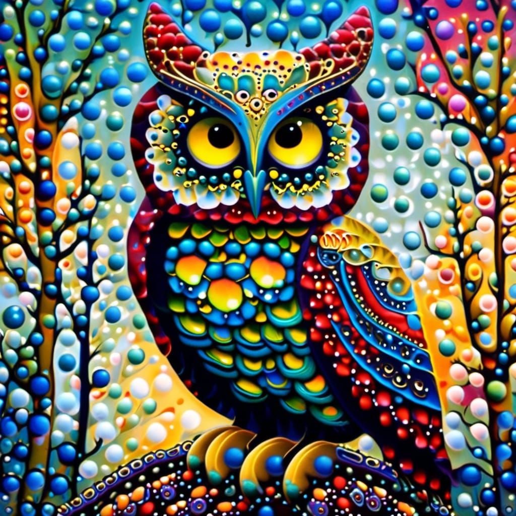 Gold Filigree Cute Fluffy Owl in Alcohol Ink Style