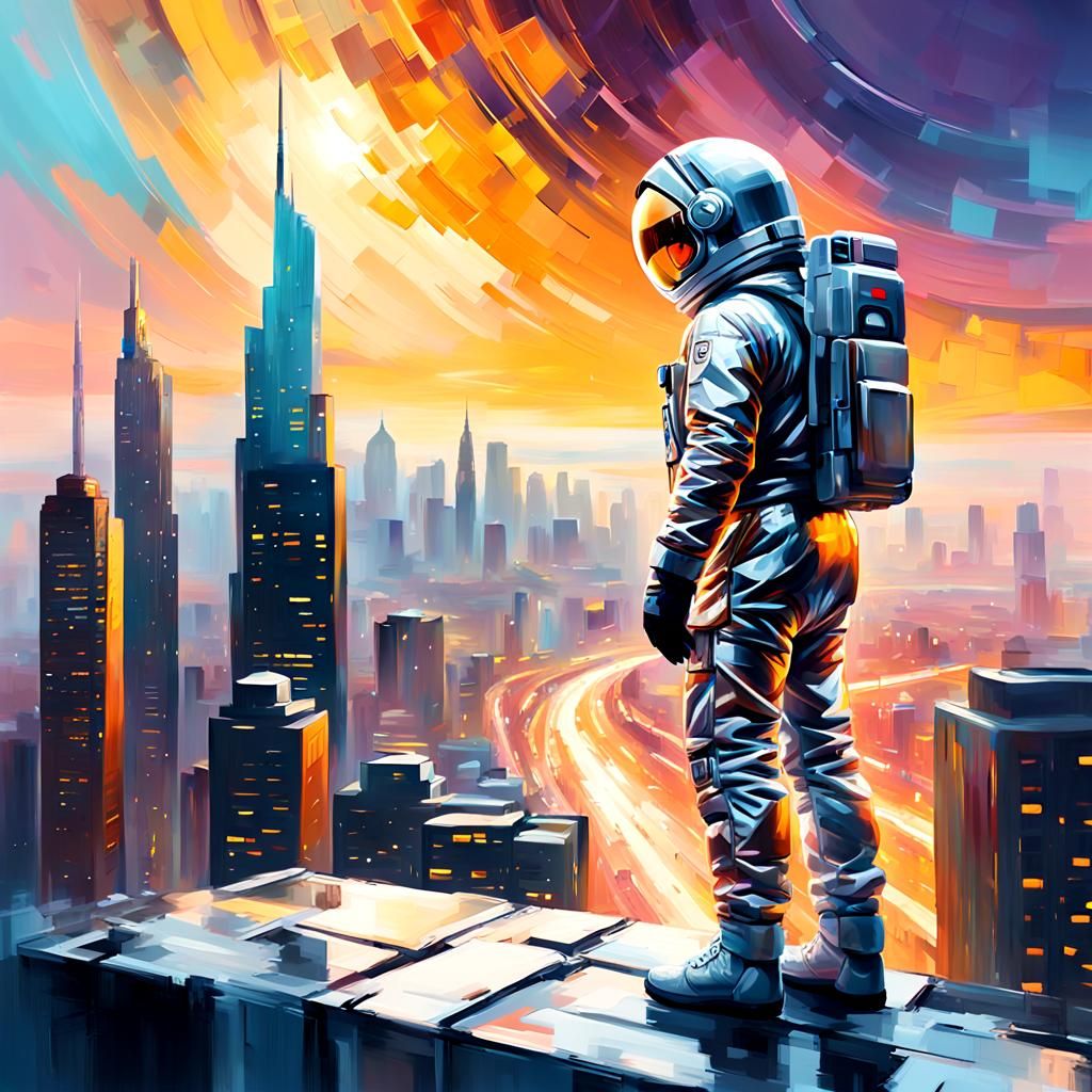 Astronaut in Retrowave Cityscape, Digital Painting
