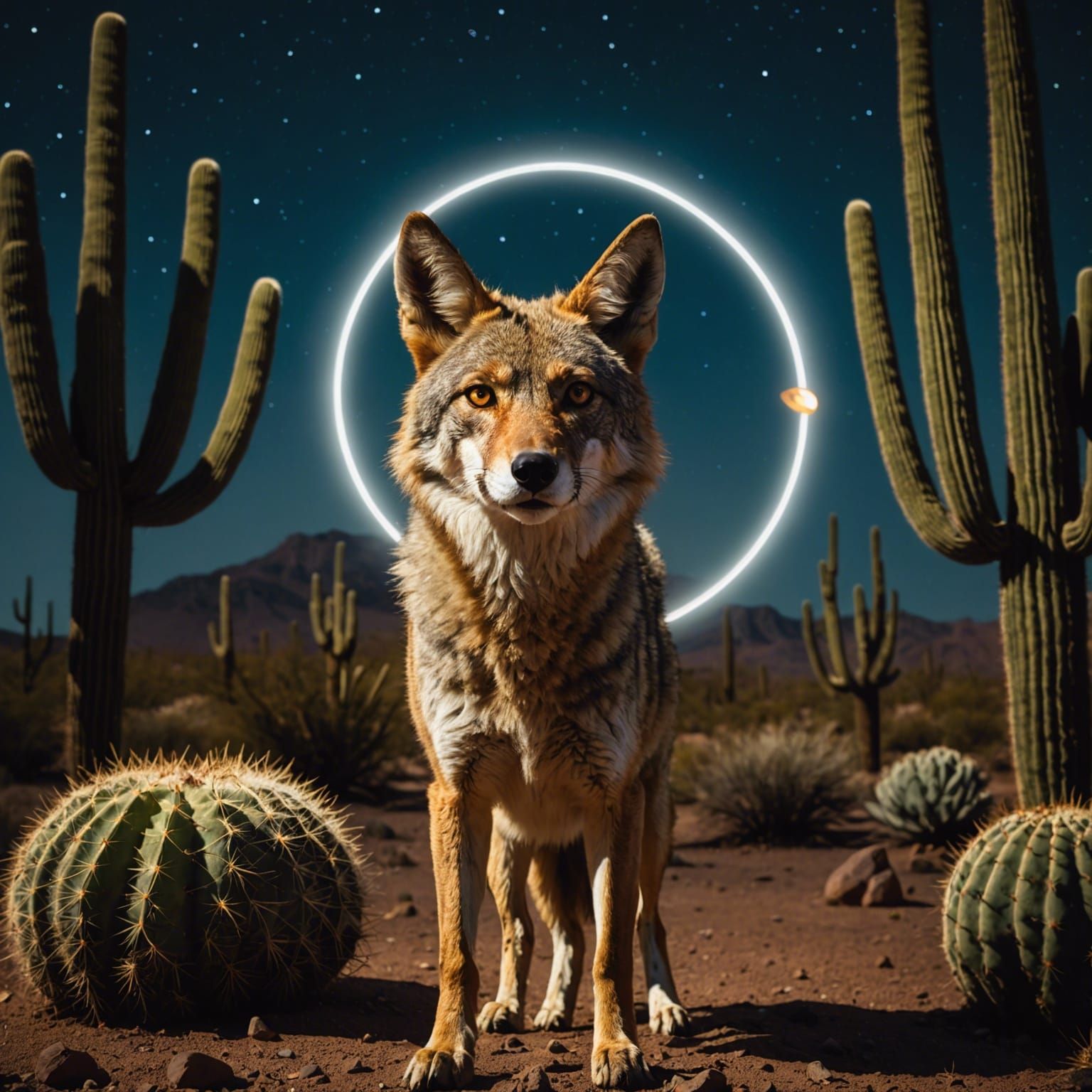 Coyote with Glowing Eyes and Halo in Desert