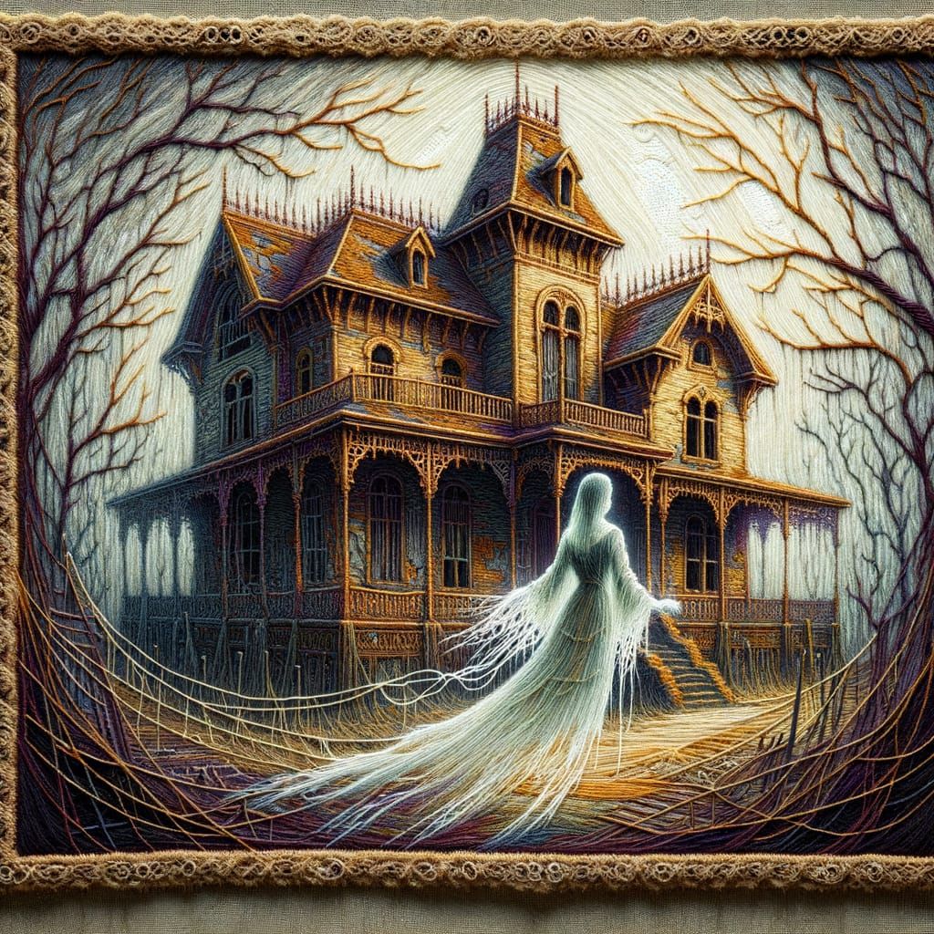 Ethereal Ghost Woman Haunts Victorian Mansion Tapestry