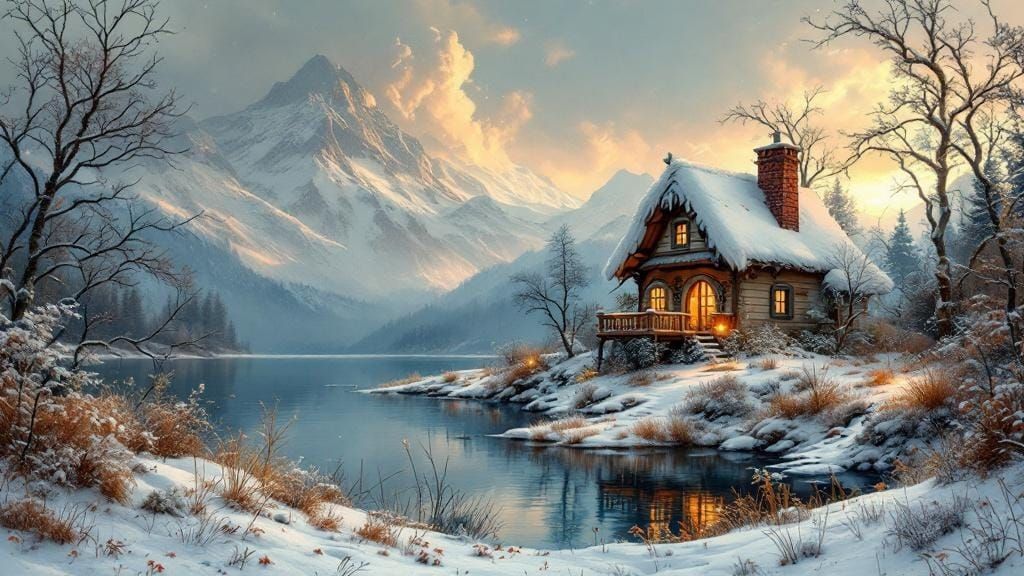 Winter Lake House: A Whimsical Digital Art Piece