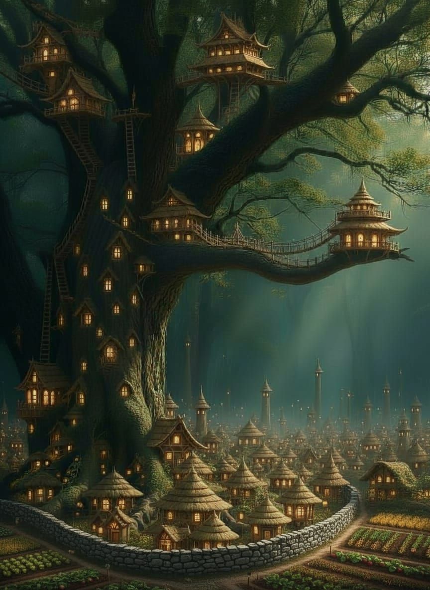 Ancient Tree in Shadowy Forest, Atmospheric Realism