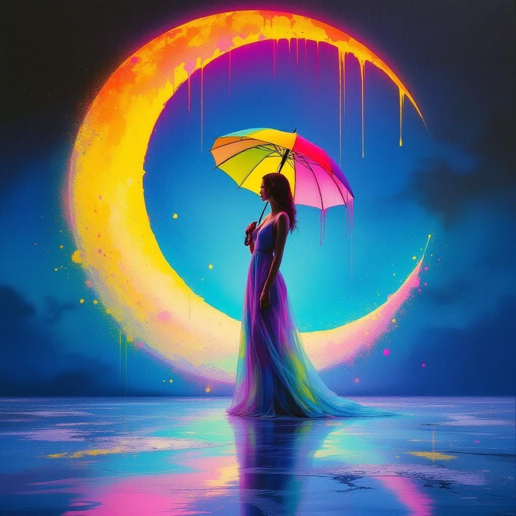 Woman with Dripping Umbrella Under Crescent Moon