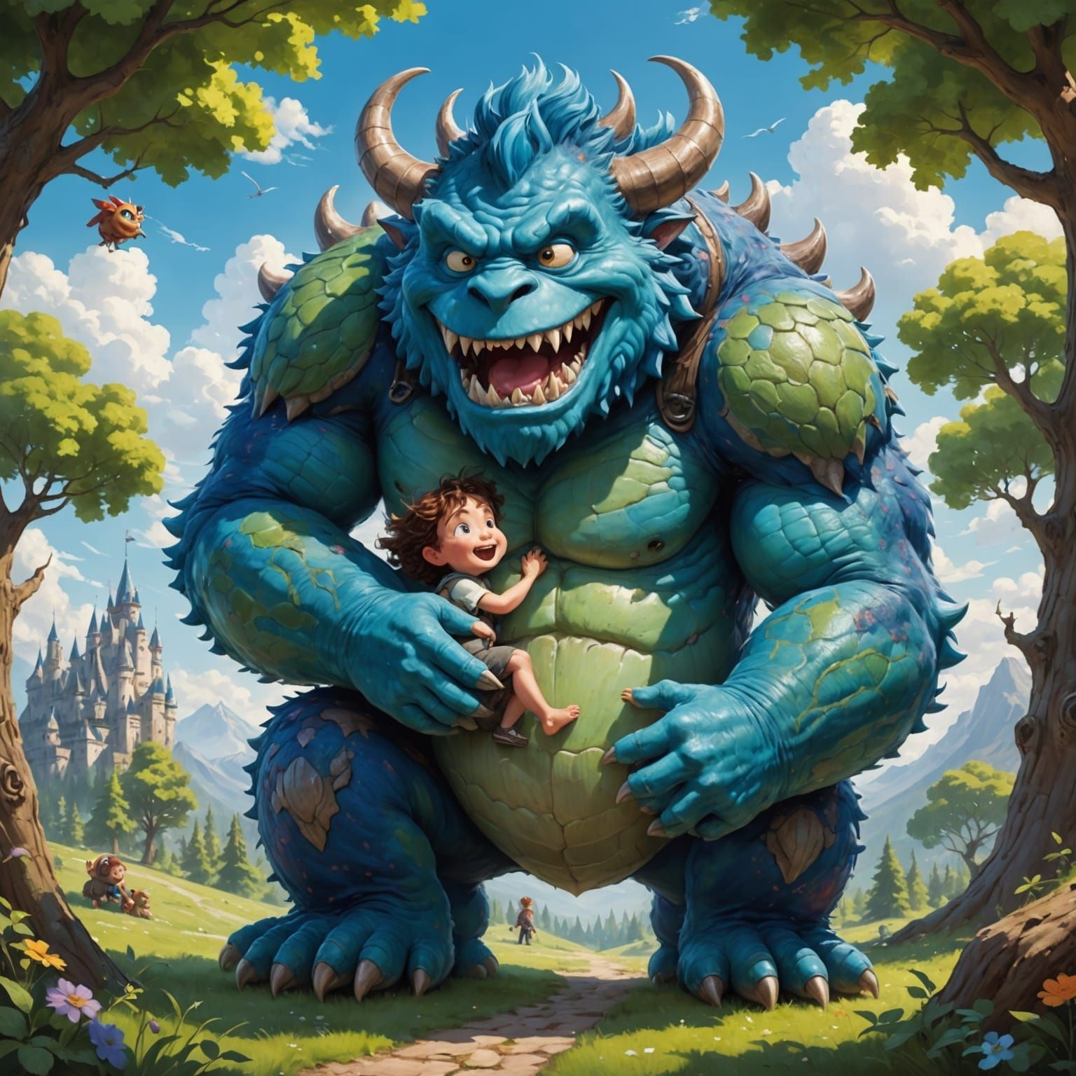 Gentle Blue Monster Cradling Child in Sunny Landscape