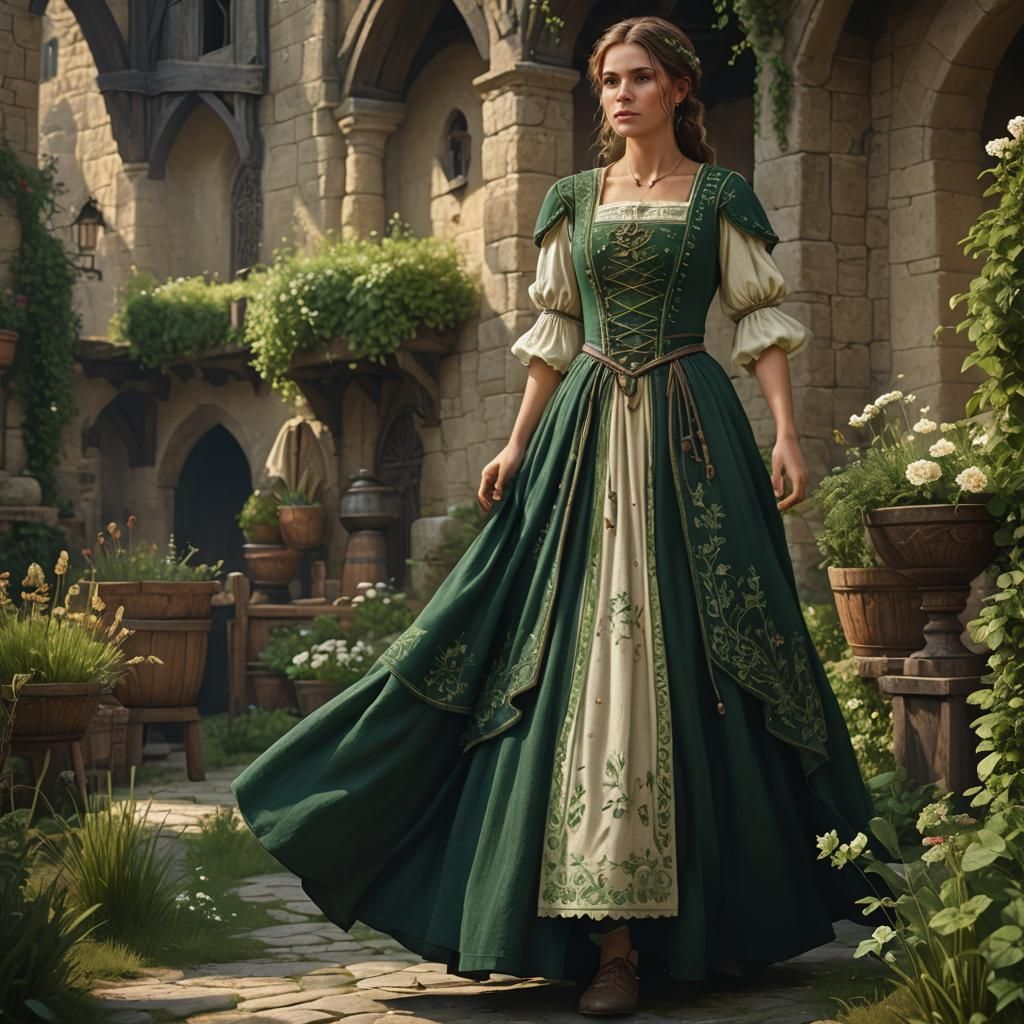 Medieval Peasant Girl in Embroidered Dress, Detailed Matte P...