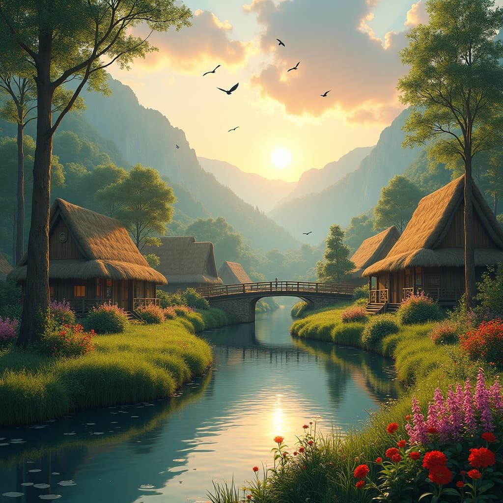 Serene Village at Dawn: Hyperrealistic Digital Painting