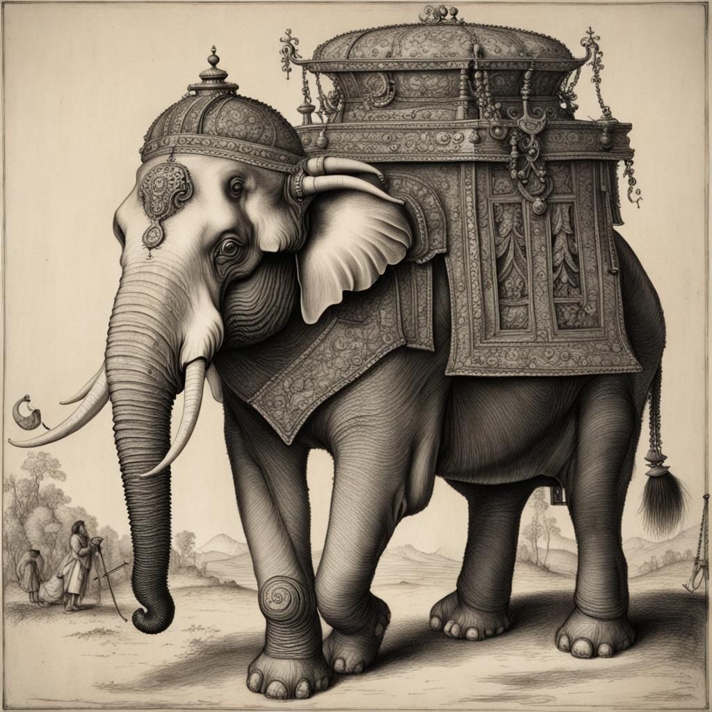 Elephant with Howdah in Detailed Charcoal Style