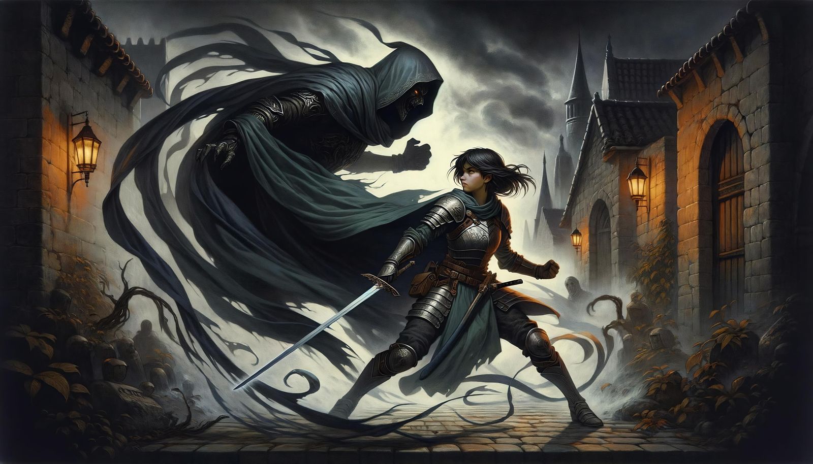 Fantasy Soldier Confronts Monster in Village