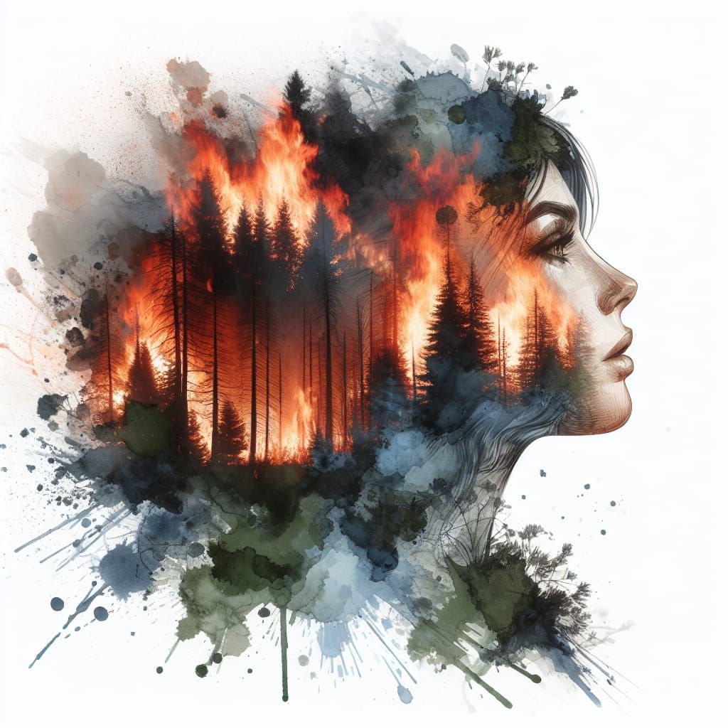 Double Exposure: Forest Fire Face in Watercolour