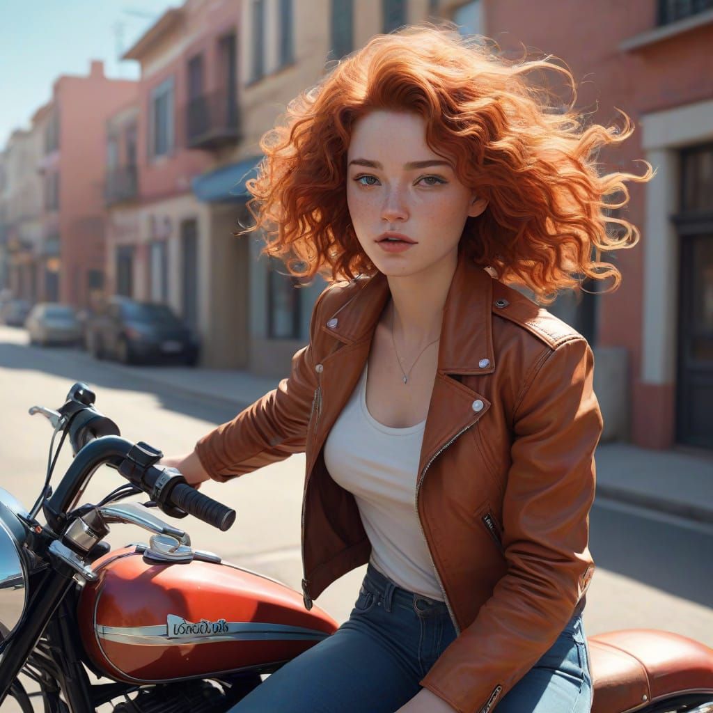 Auburn Goddess on Vintage Motorcycle