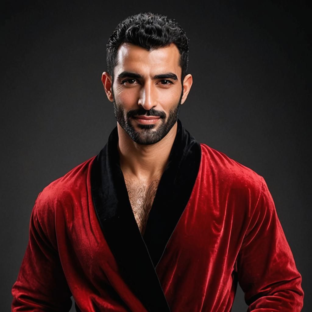 Cheerful Arab Man in Red Velvet Bathrobe Portrait