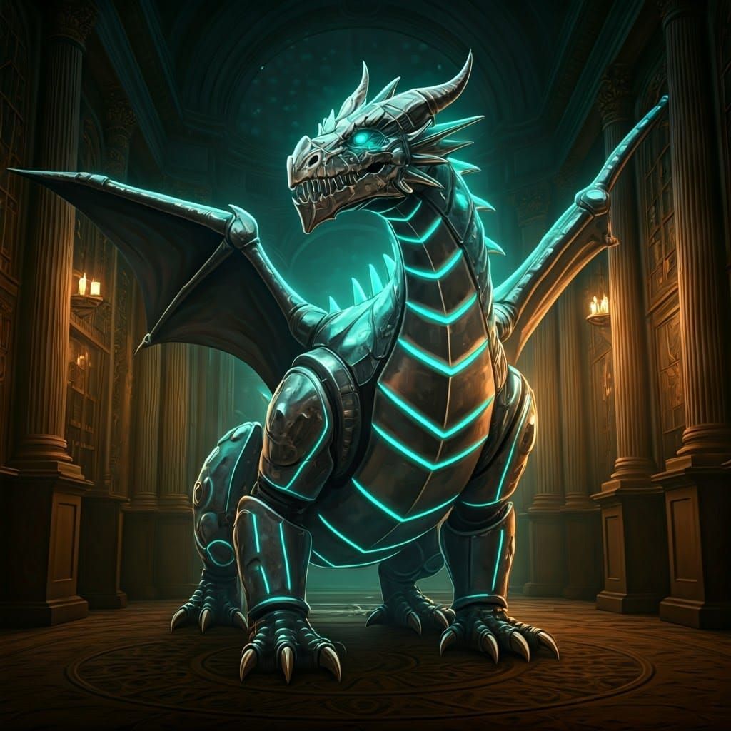 Metallic Golem Dragon in Ornate Chamber: Photorealistic
