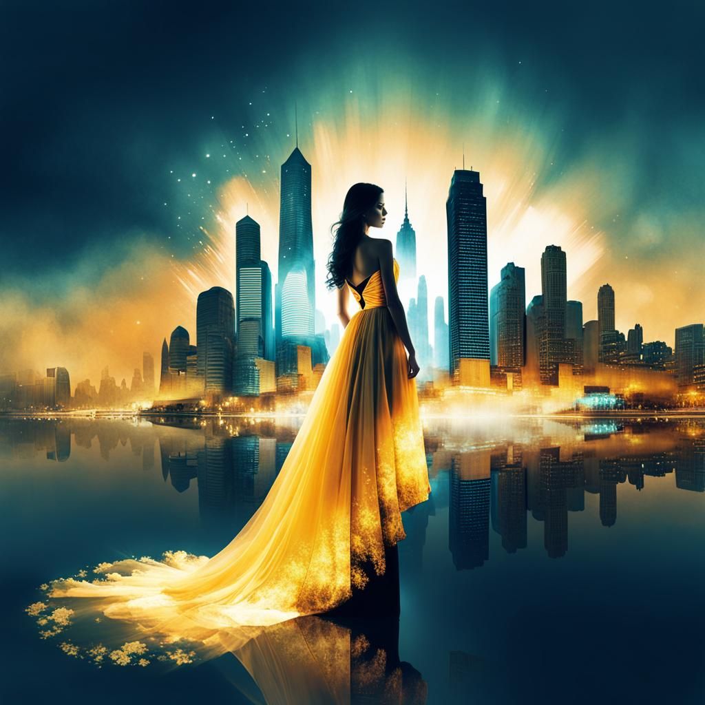 Dreamlike City Blends into Flowing Gown
