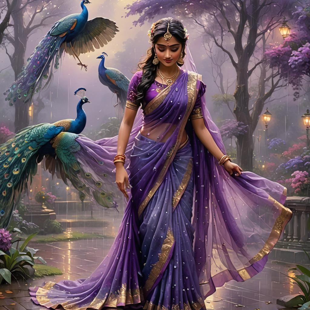 Ethereal Women in Purple Sarees Dancing in Rain