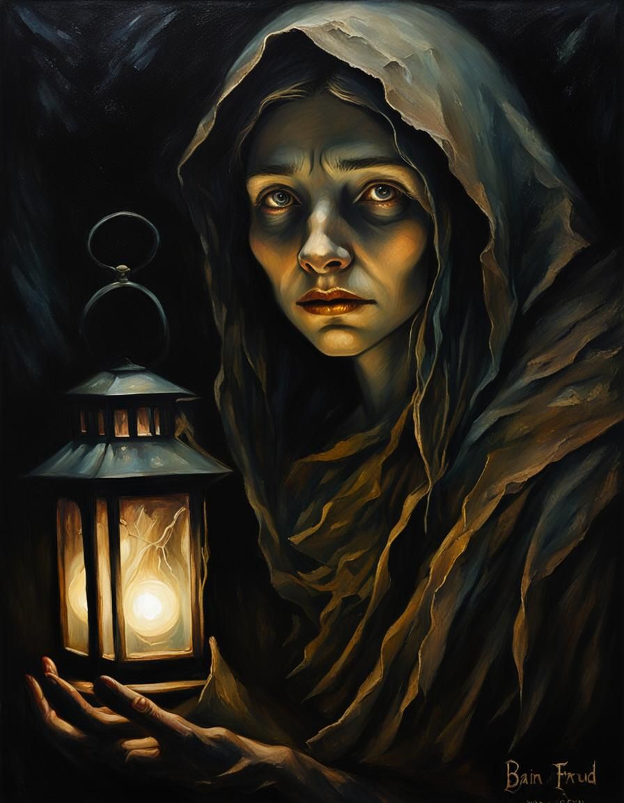 Eerie Woman's Face in Dark Fantasy Oil Painting