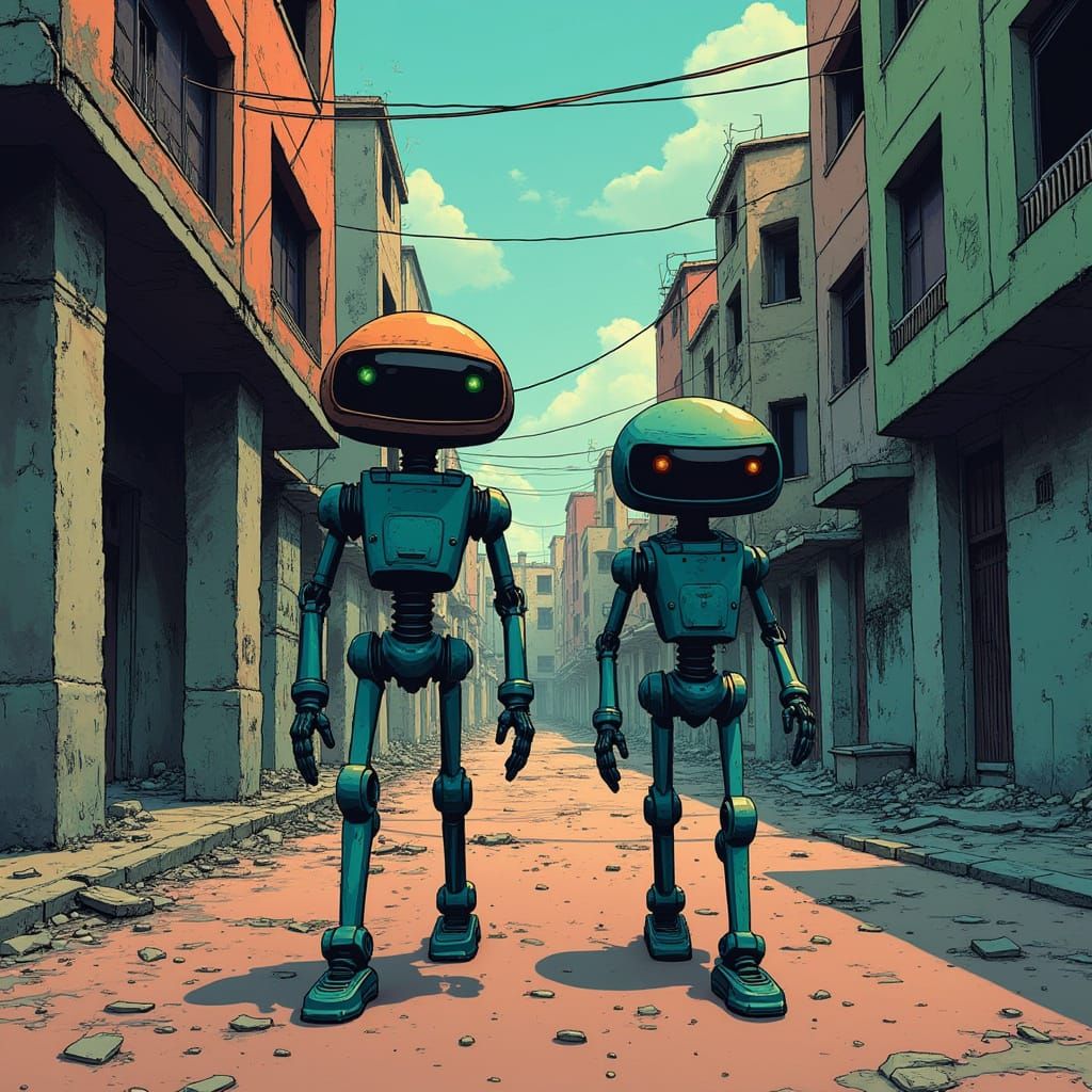 Dystopian Robot Patrol in Vibrant Cartoon Style