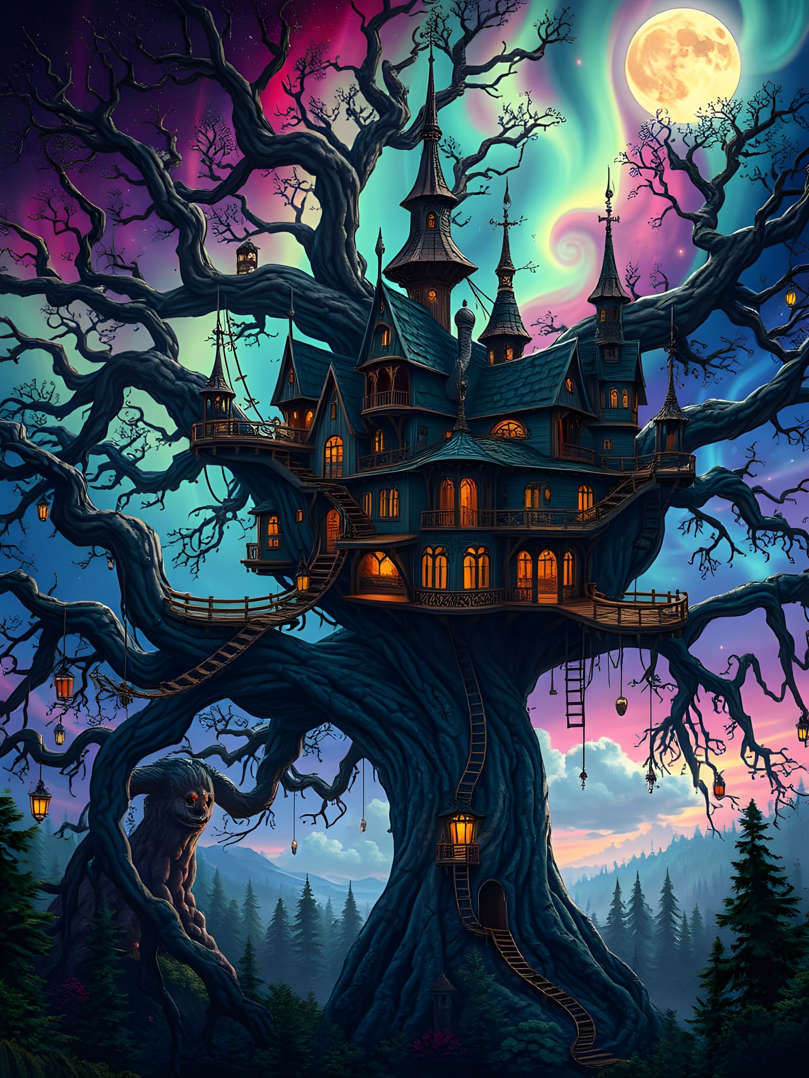 Majestic Whimsigoth Treehouse City in Dreamlike Forest