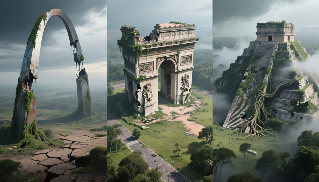 Ruined Monuments Reclaimed by Nature: A Surreal Triptych