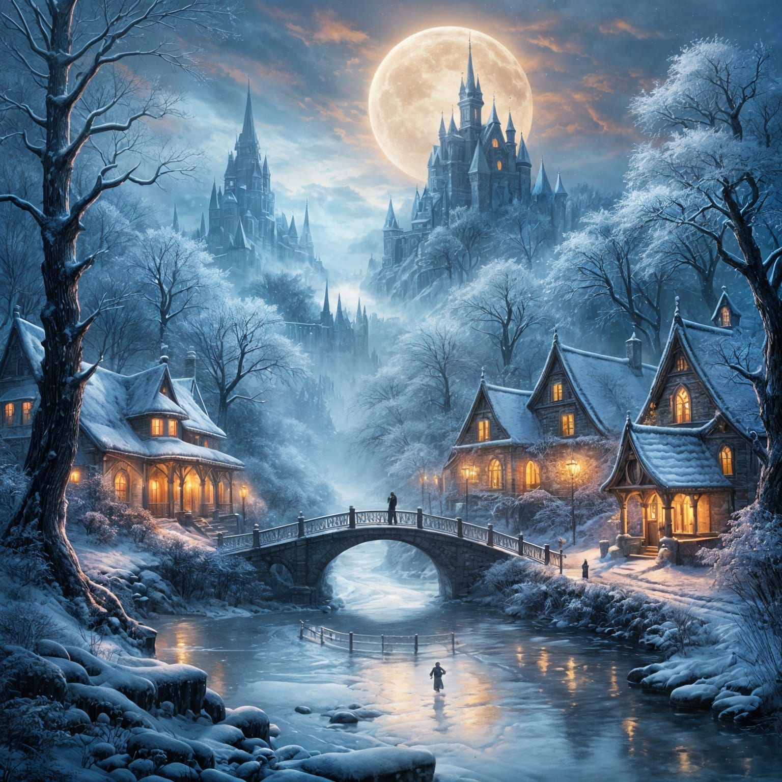 Ethereal Crystal Train in Snowy Forest Under Cracked Moon