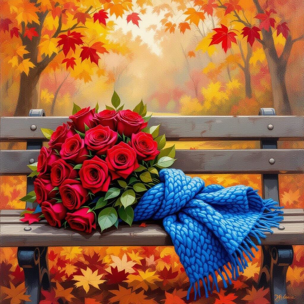 Autumn Roses Bouquet on Wooden Bench in Gouache