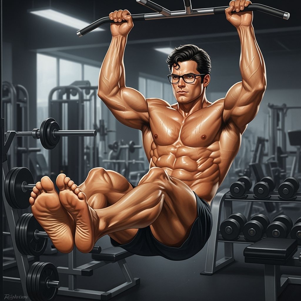Superman Doing Hanging Leg Raises in Gym
