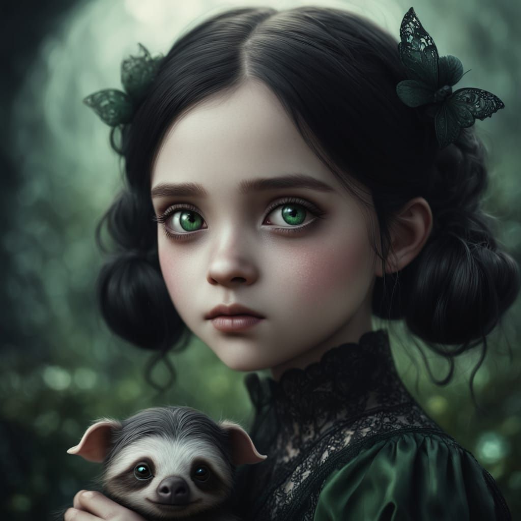 Enchanting Gothic Fantasy Portrait of a Pale Little Girl wit...