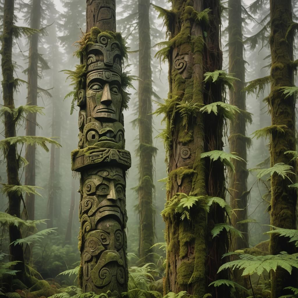 Totem Pole in Overgrown Forest, as Post-Impressionist Painti...