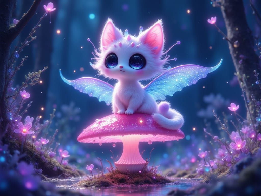 Fluffy Cat Alien on Bioluminescent Mushroom