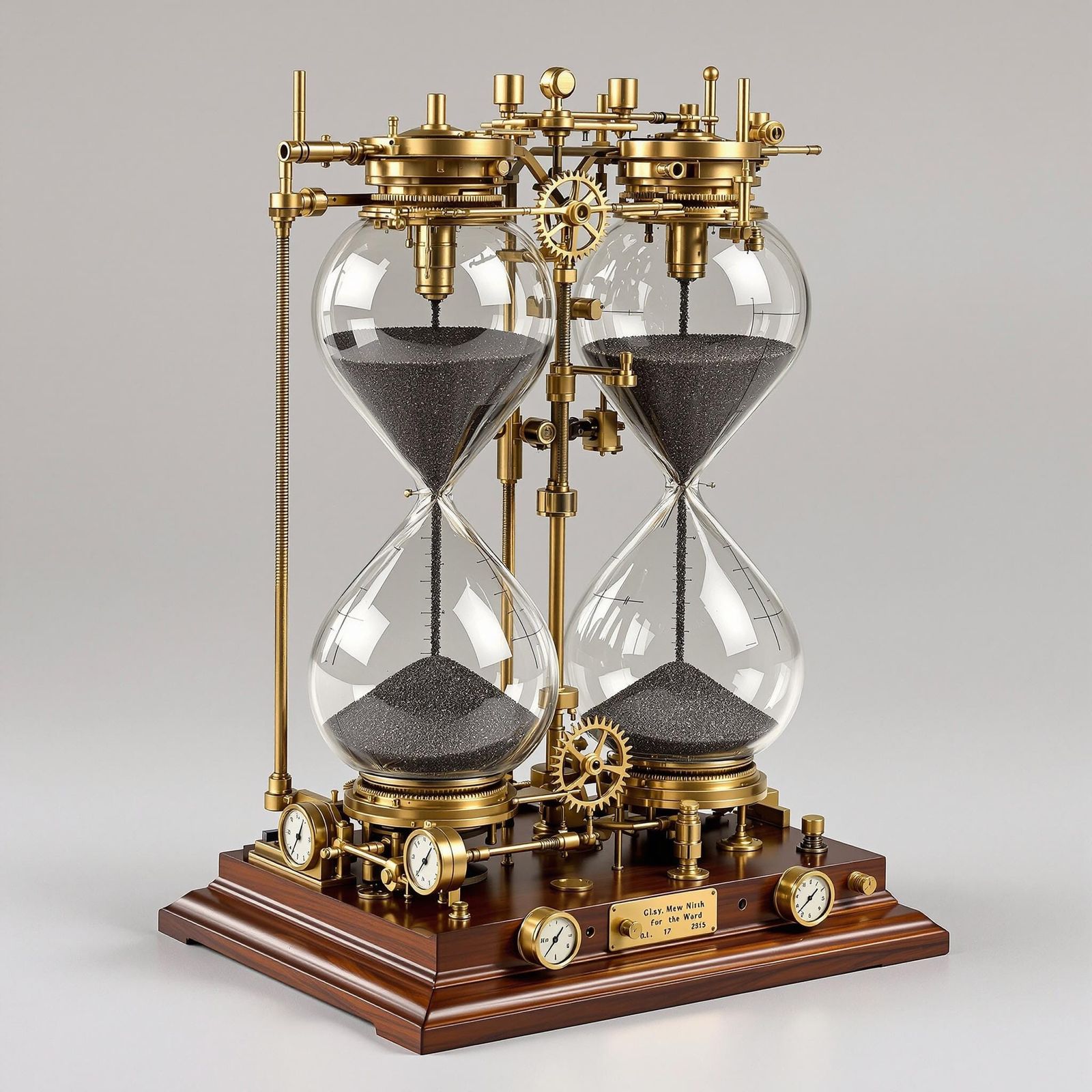 This intricate hourglass appears driven by miniature clockwo...